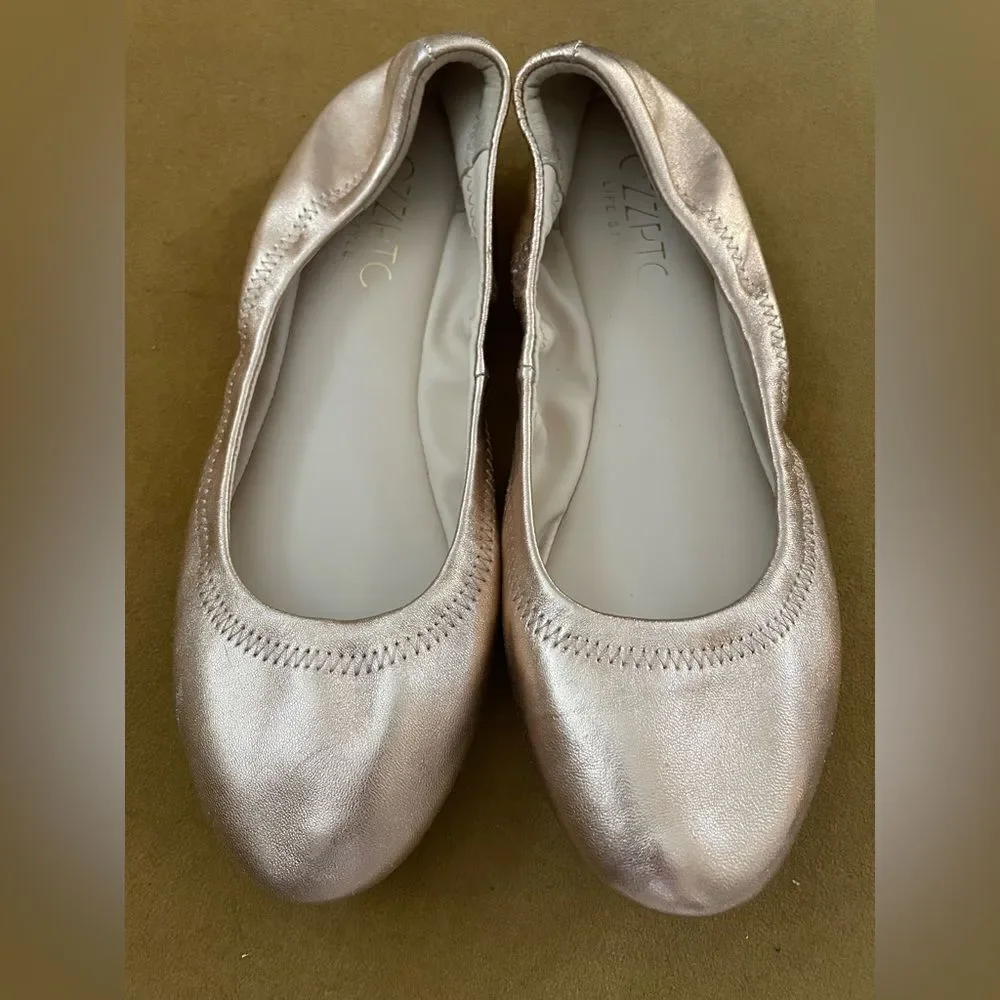 CZZPRC Lambskin Leather Ballet Flats Rose Gold Metallic 8.5